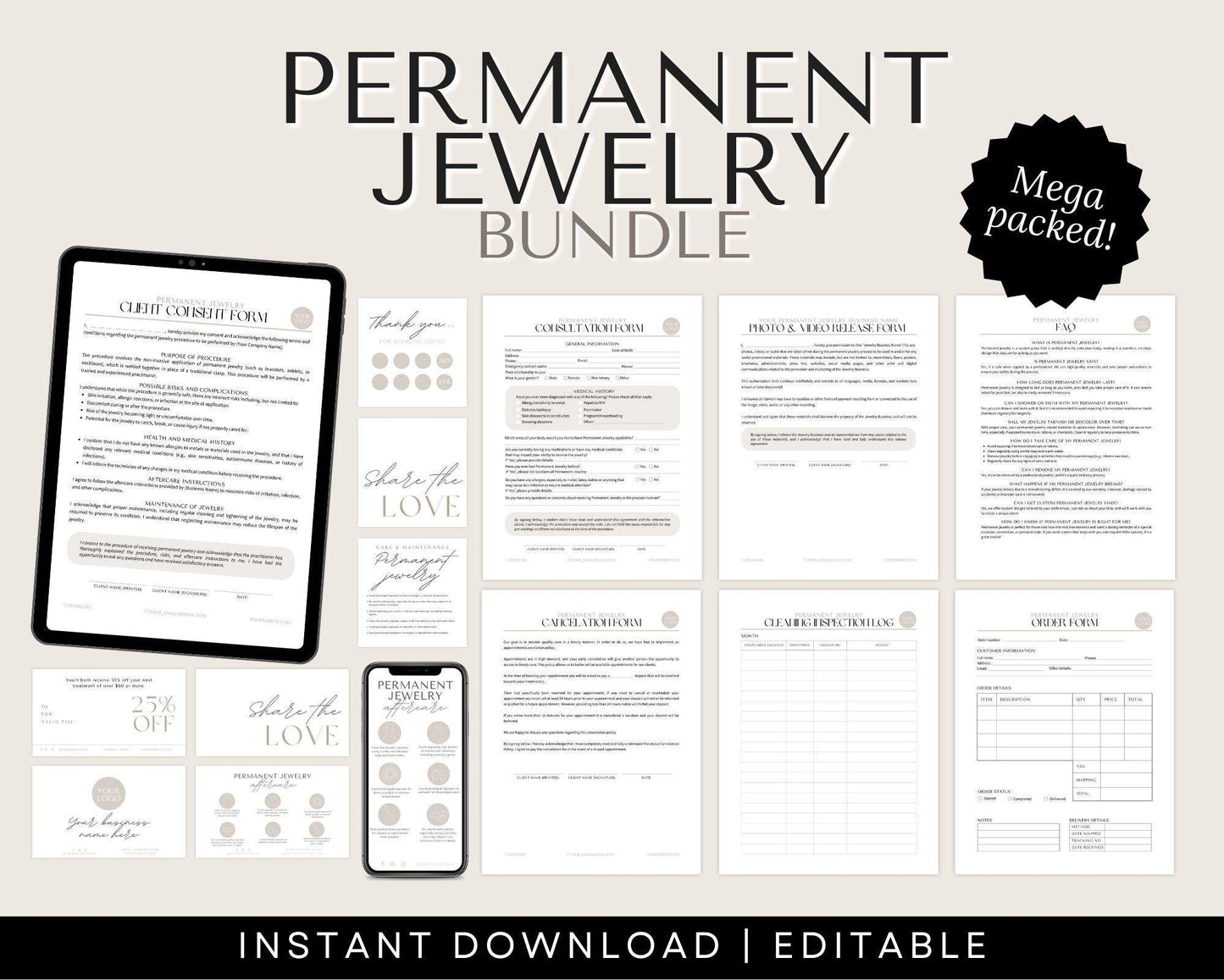 permanent jewelry forms and aftercare cards