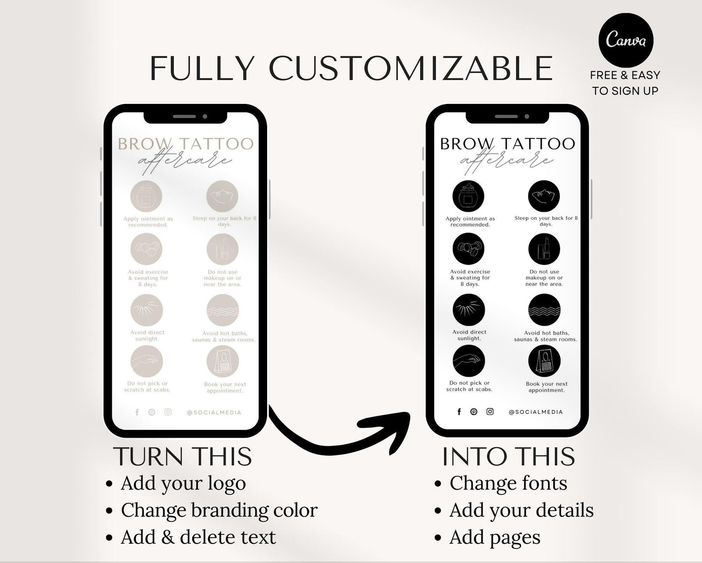 Brow Tattoo Aftercare Card - Editable Template - Cosmetic Tattoo Eyebrows Card