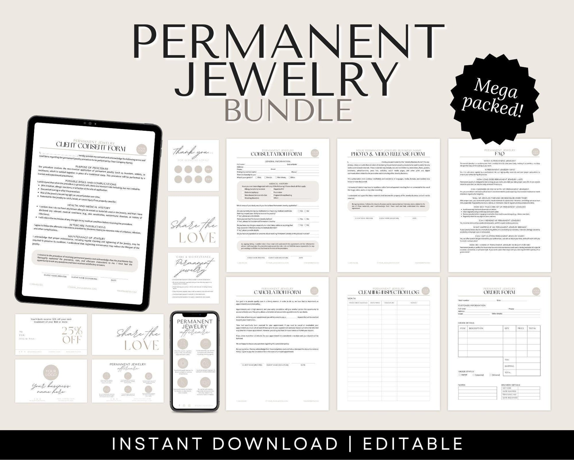 permanent jewelry forms and aftercare cards
