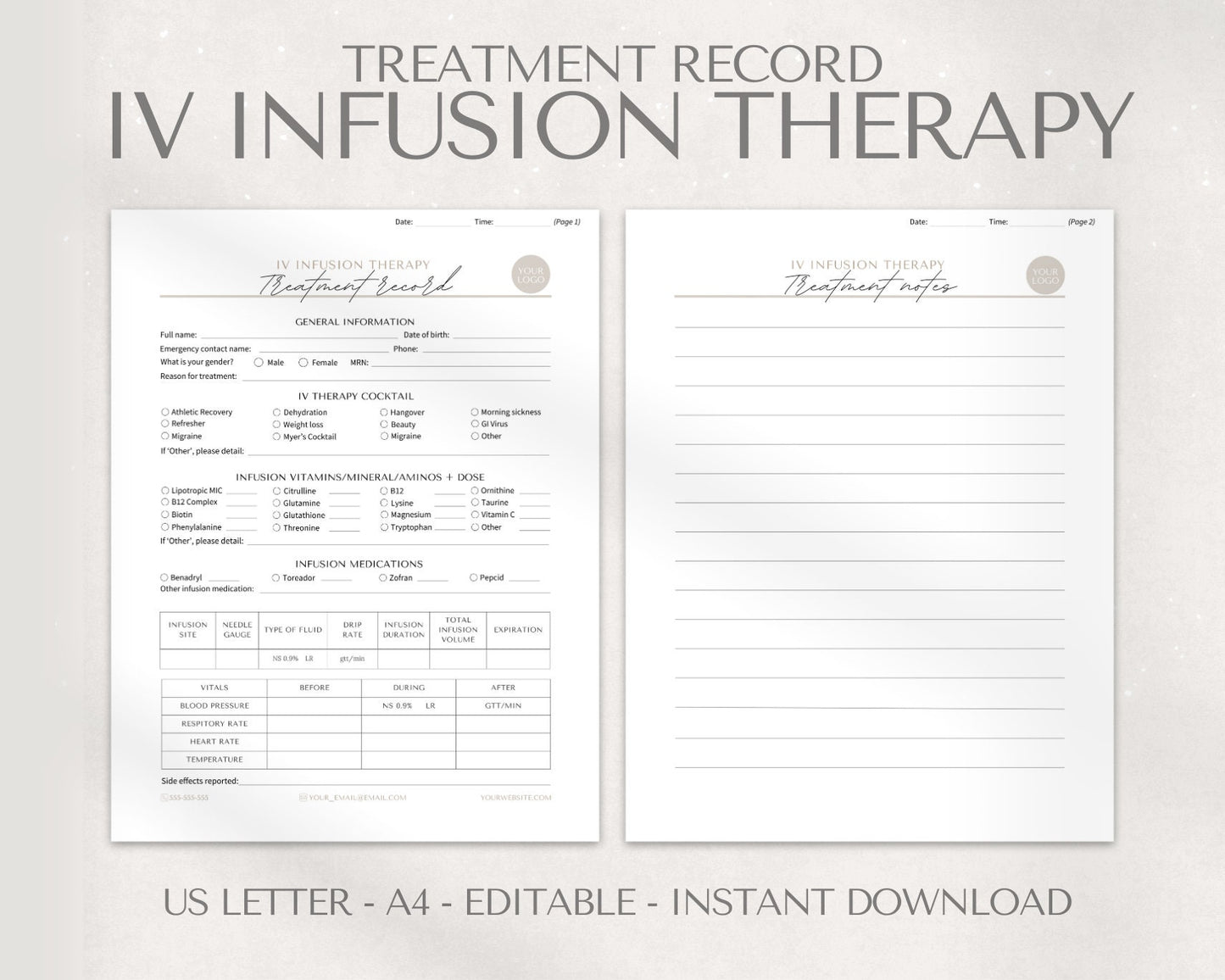 IV Infusion Therapy Record template that can be edited and downloaded from Canva. For personal business use