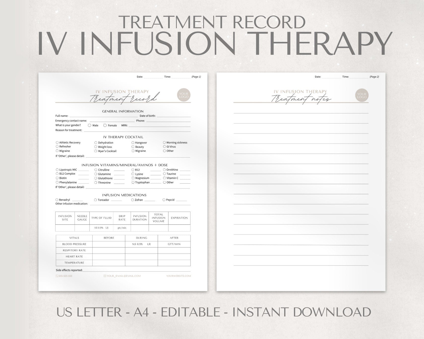 IV Infusion Therapy Record template that can be edited and downloaded from Canva. For personal business use