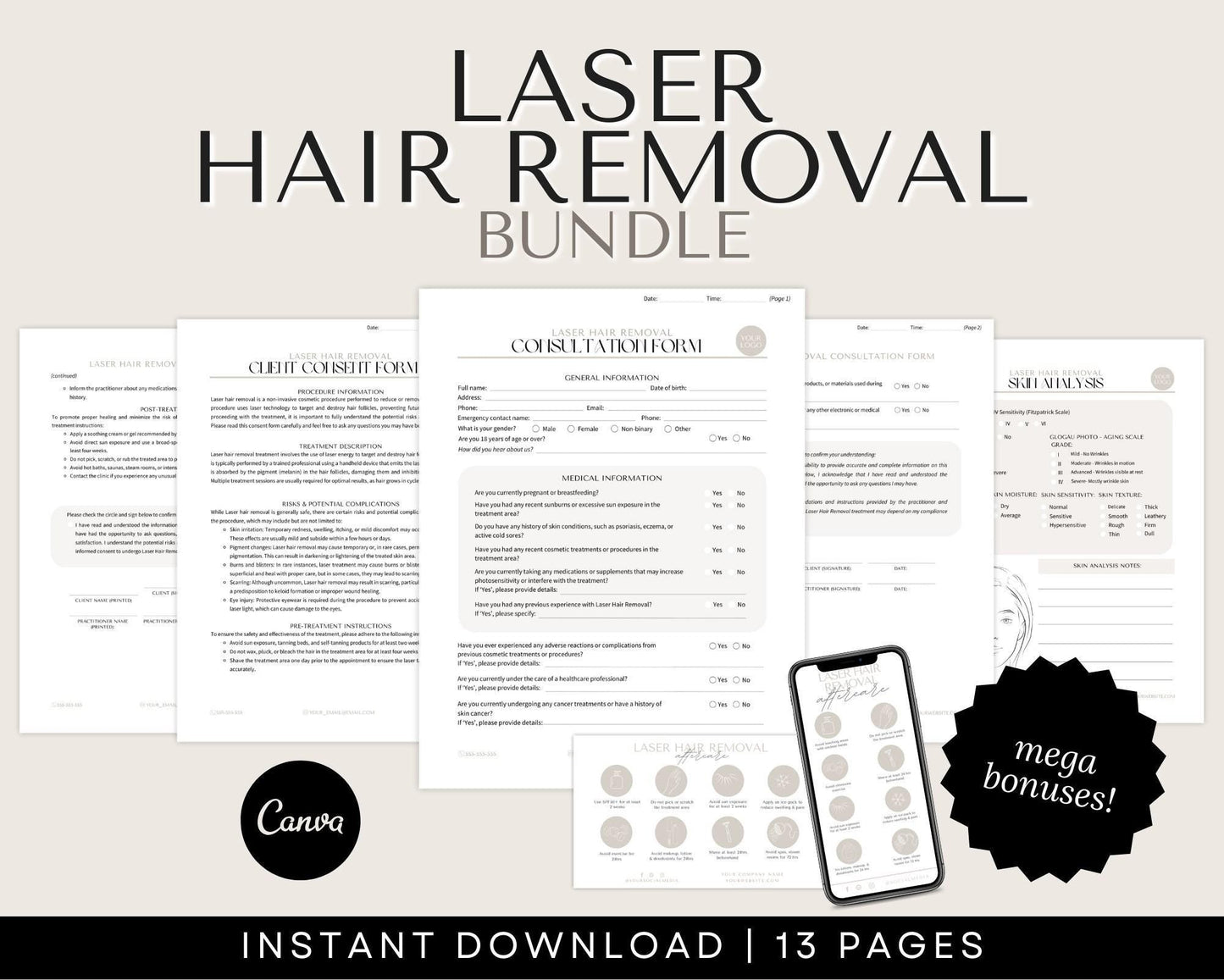 Laser Hair Removal Forms and Consultation Forms for Laser Technicians and estheticians