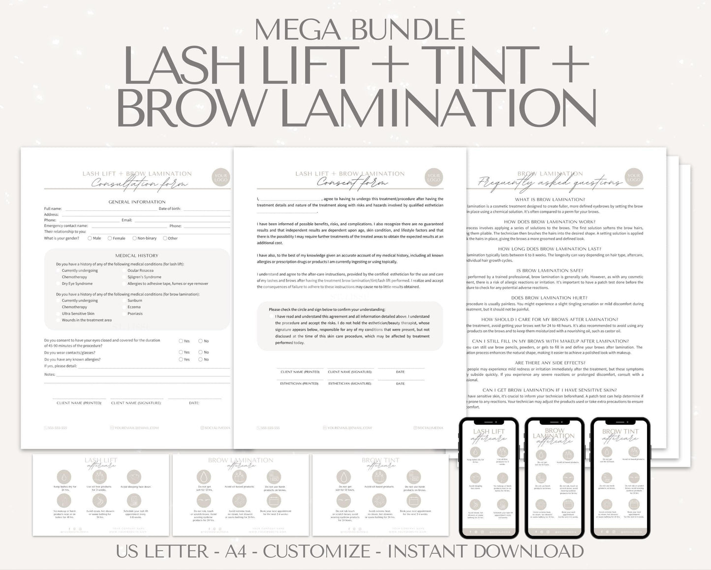 Lash Lift Tint and Brow Lami Forms and Aftercare Cards