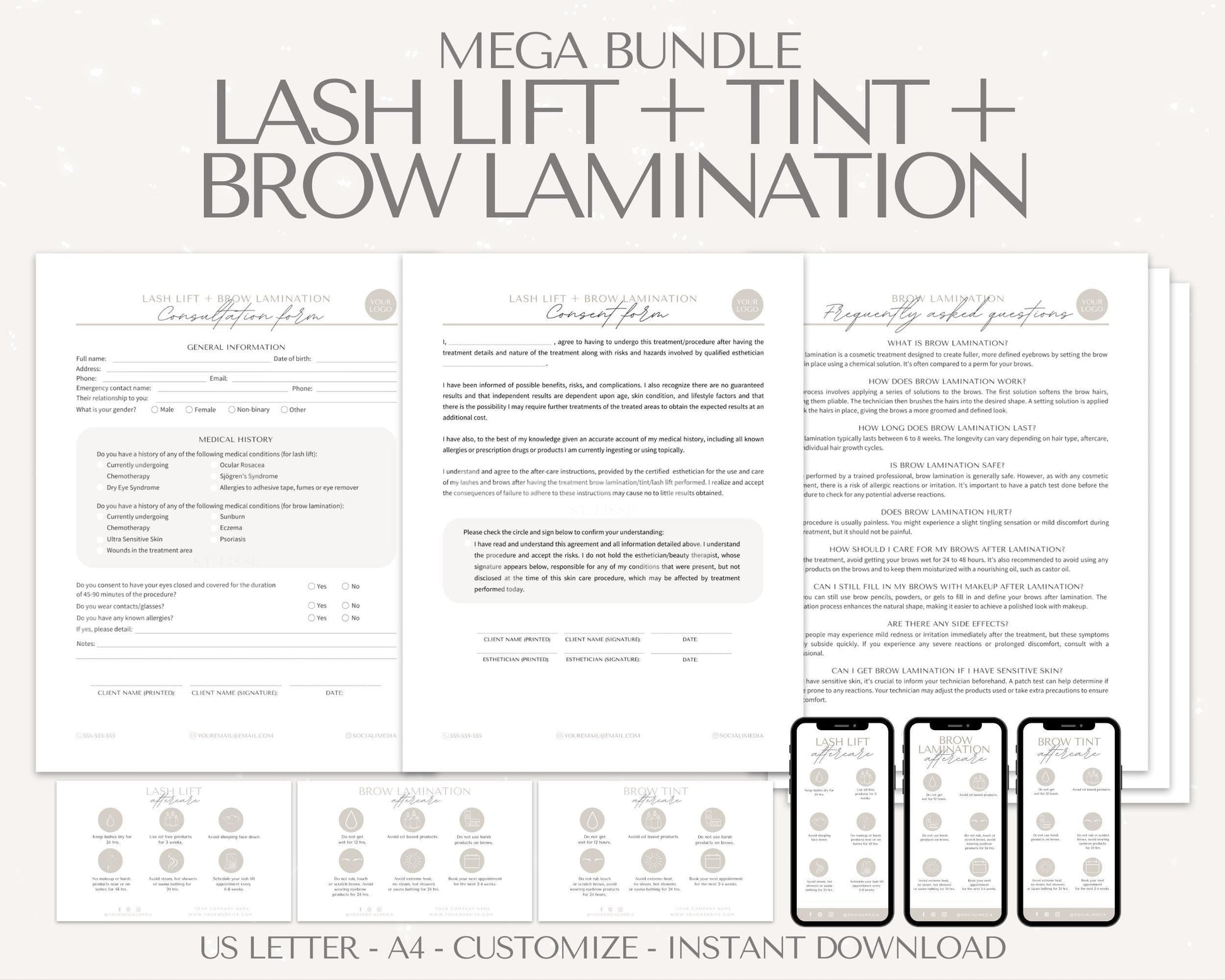 Lash Lift Tint and Brow Lami Forms and Aftercare Cards