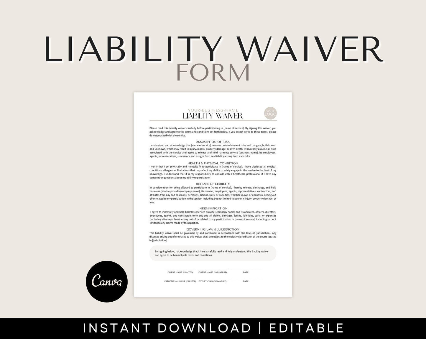 Liability Waiver Form, Liability Forms for Business Owners to purchase to use for their business.