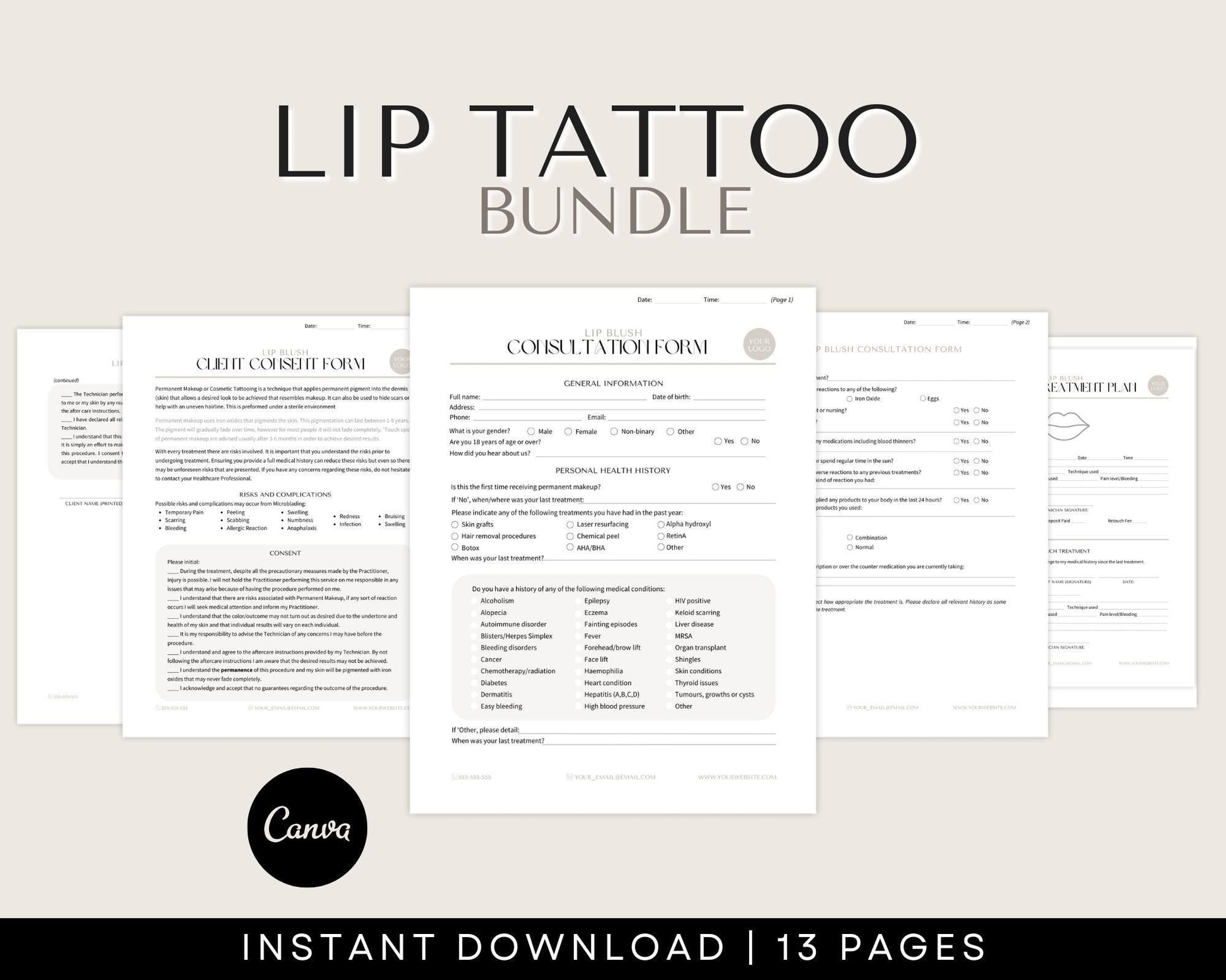 Lip tattoo Consent forms and aftercare cards