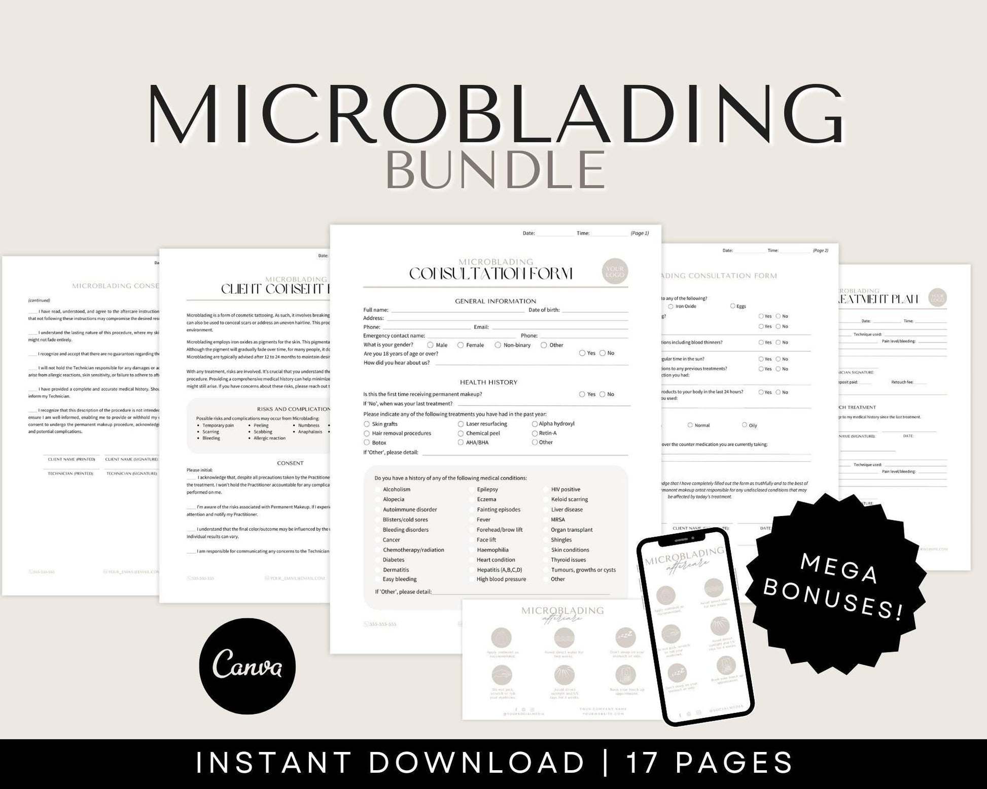 Microblading Consent Forms for Permanent Makeup Artists to download and edit on Canva. For PMU Business