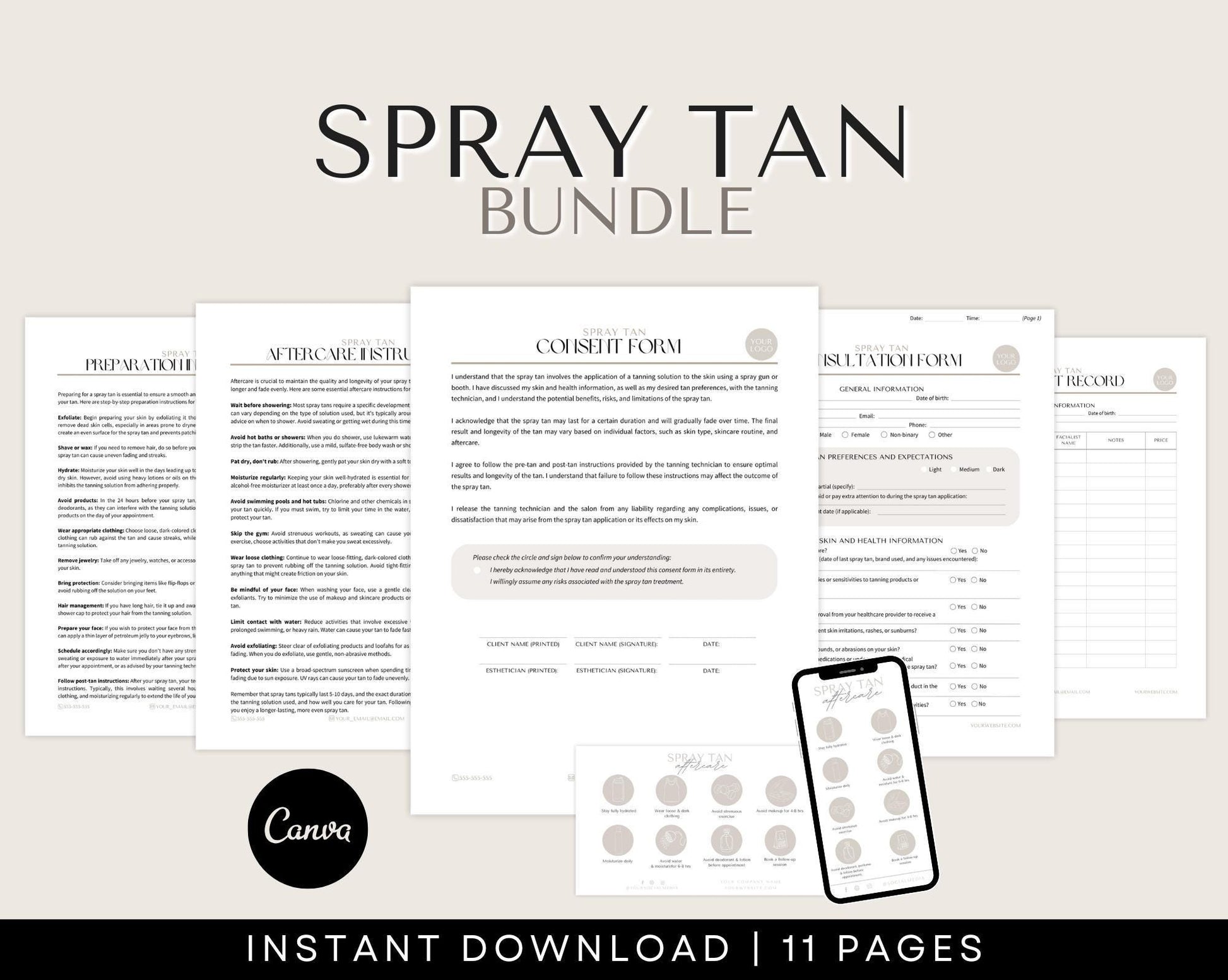 Spray Tan Consent Forms and Aftercare Cards downloadable templates