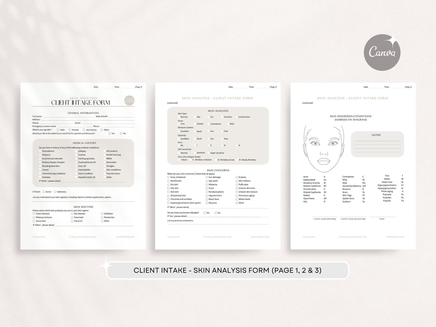 facial consent form, skin analysis form, facial intake form, skin analysis form esthetician
