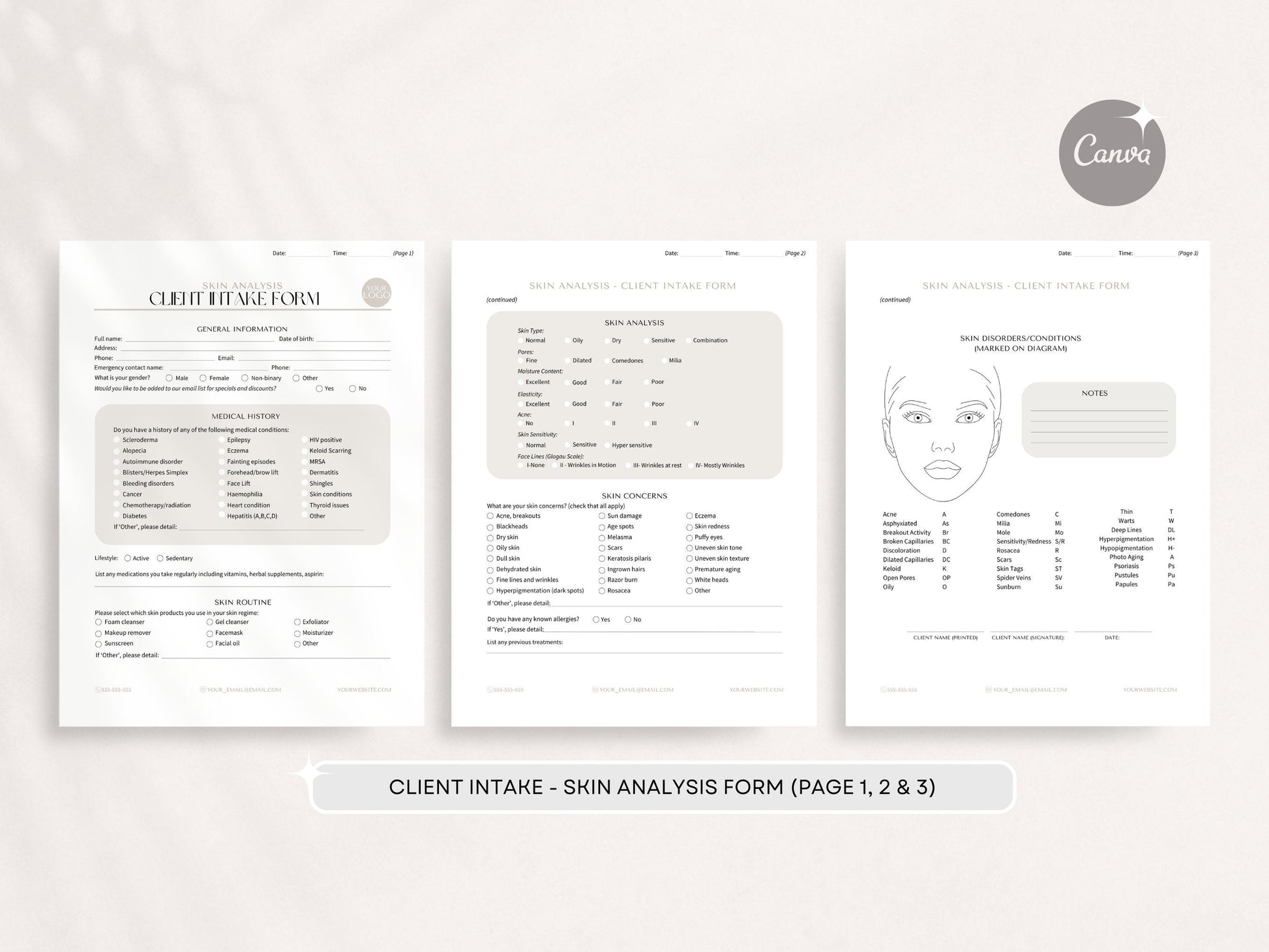 facial consent form, skin analysis form, facial intake form, skin analysis form esthetician