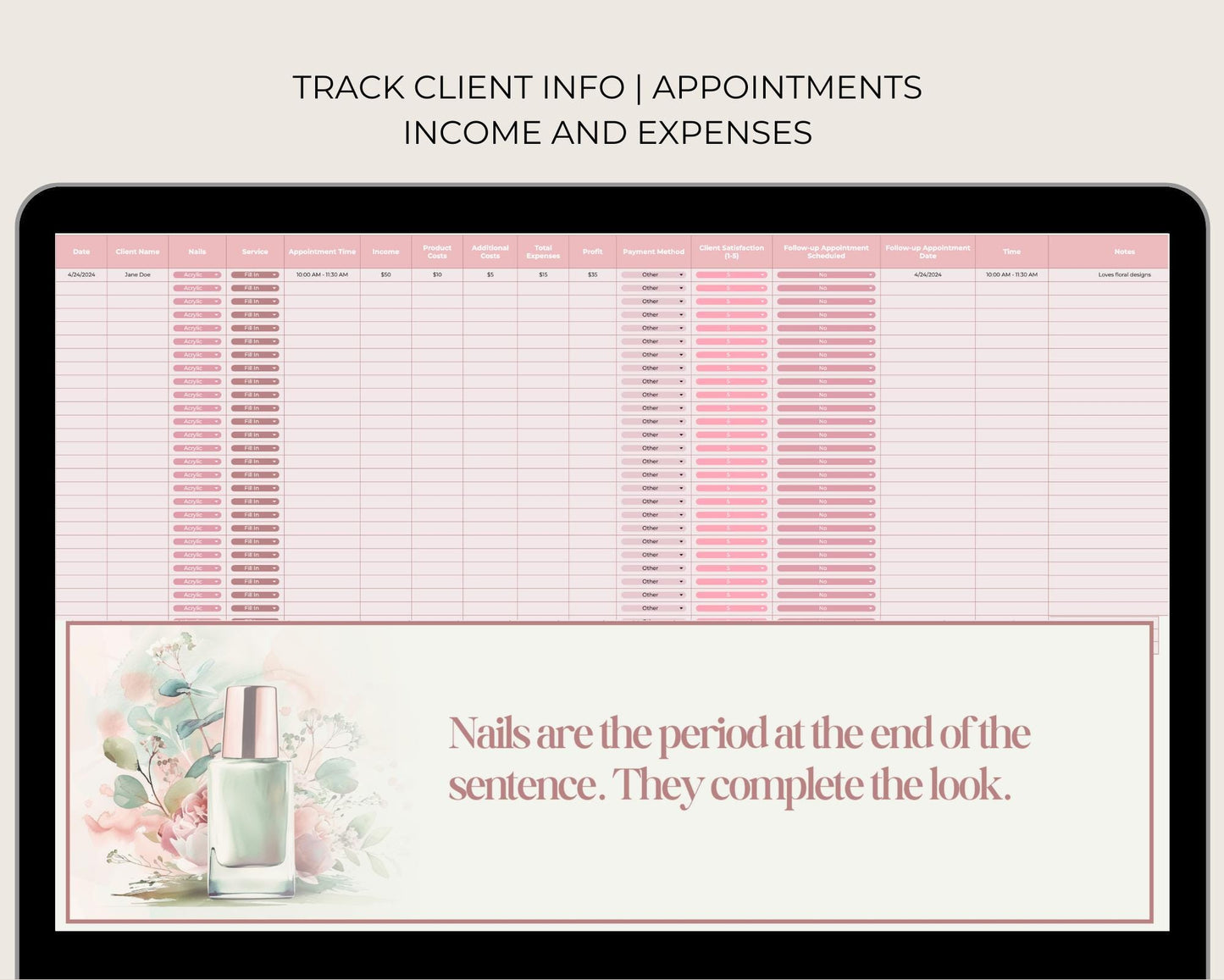 Editable Nail Appointment and Client Tracker