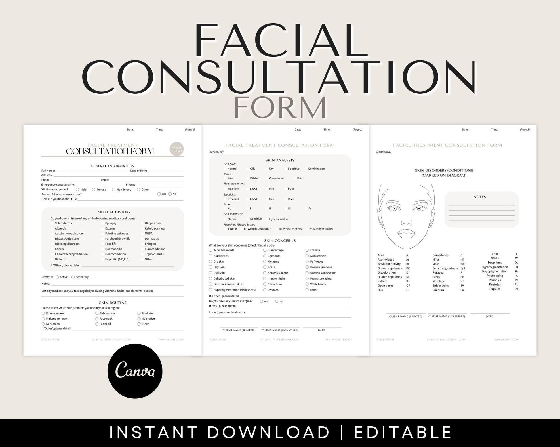 facial consultation consent forms editable in Canva, for estheticians