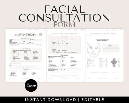 facial consultation consent forms editable in Canva, for estheticians