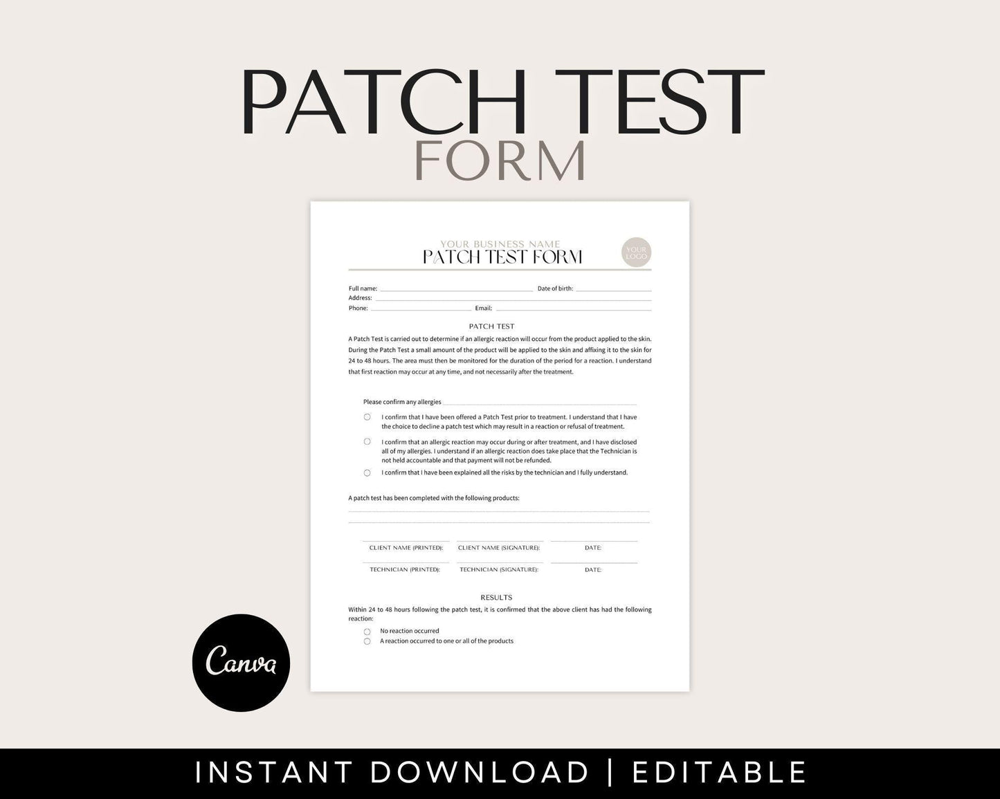 Patch test form for beauty treatments. Can be used in medspas, beauty clinics between estheticians and clients.