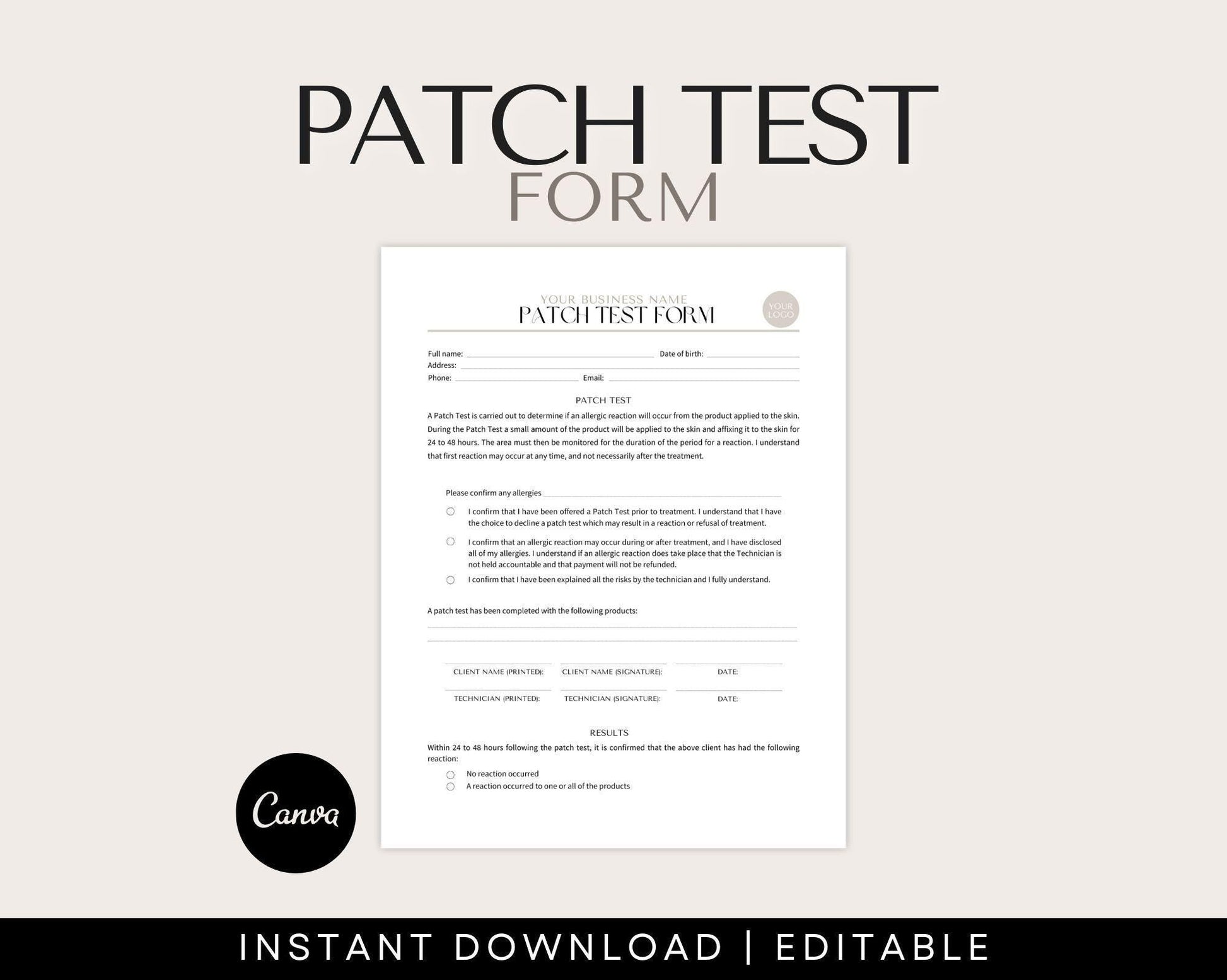 Patch test form for beauty treatments. Can be used in medspas, beauty clinics between estheticians and clients.