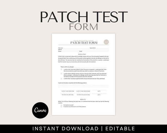 Patch test form for beauty treatments. Can be used in medspas, beauty clinics between estheticians and clients.